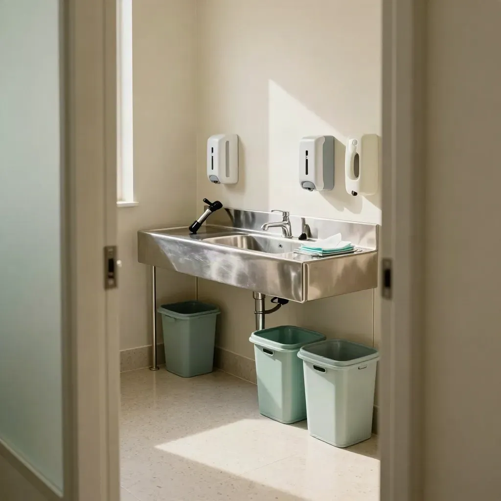 Audit-ready decontamination room with sink, bins, dispensers and torch in warm clinical light.