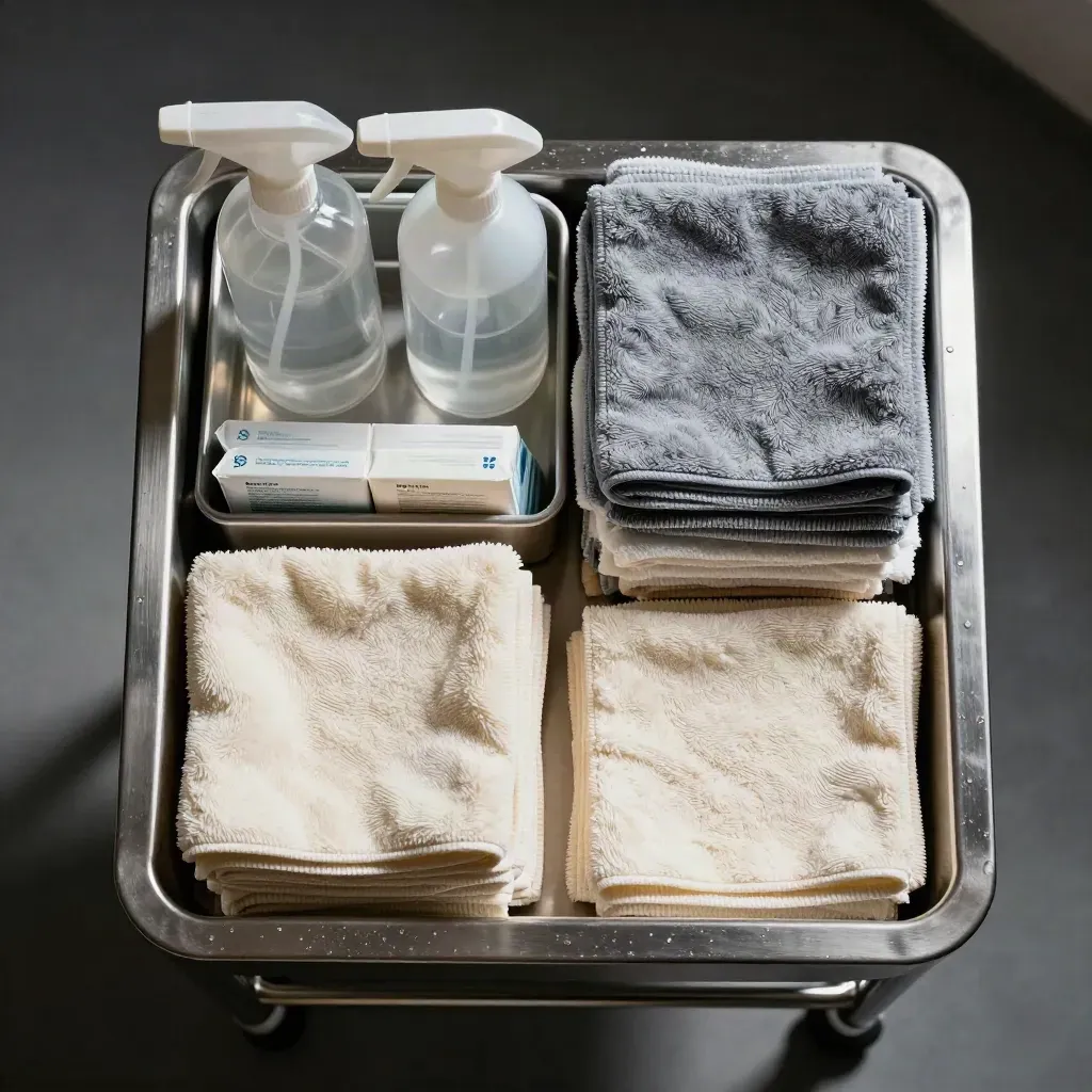 Overhead cleaning station with cloths, spray bottles, caddy, mop head and supplies on stainless steel.