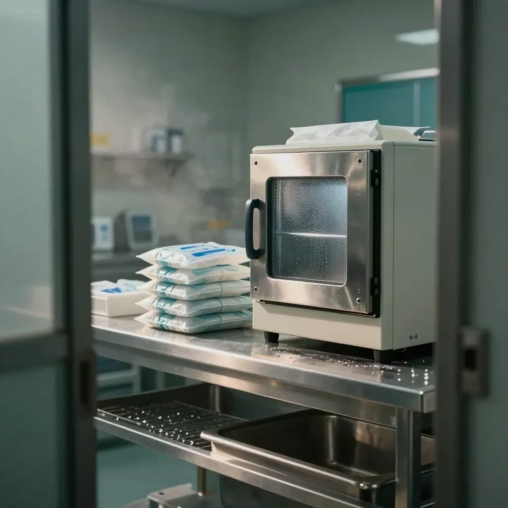 Autoclave and sterile packs in a rain-damp decontamination suite with steam and stainless steel.