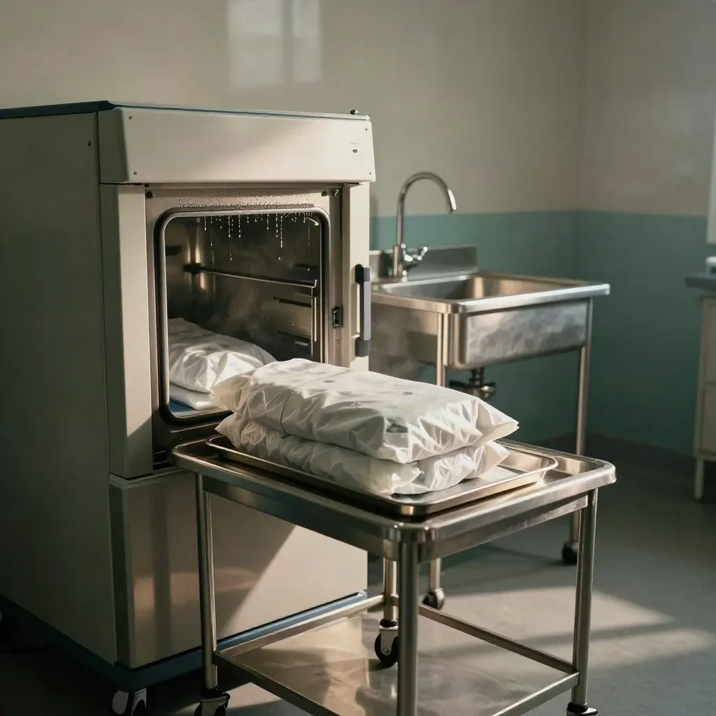 Open sterilizer room with wrapped loads, stainless sink, and drying autoclave chamber.