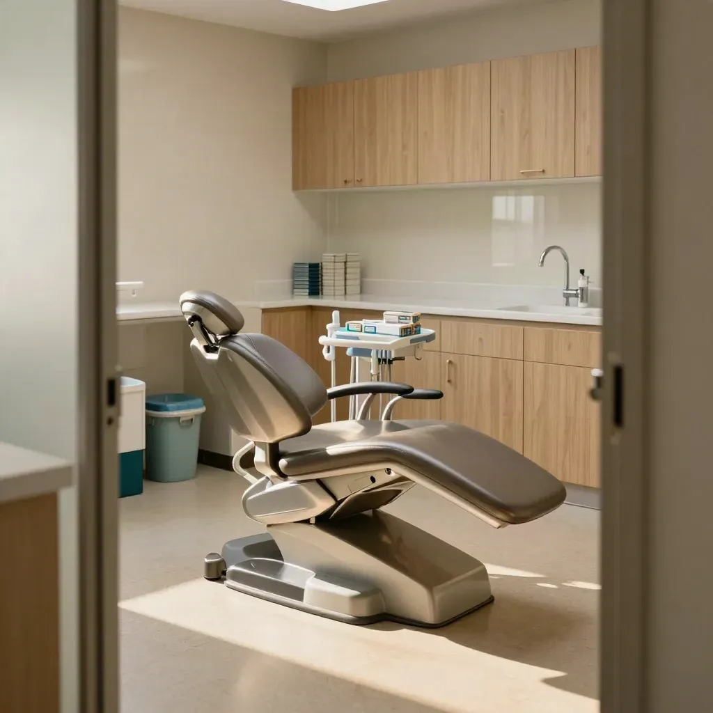 Empty dental clinic treatment room with chair, sterilizer bench, waste bins and sink, ready for inspection