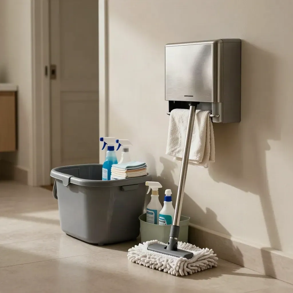 Organised care-home utility room with mop bucket, cleaning caddy, cloths and wall dispenser.