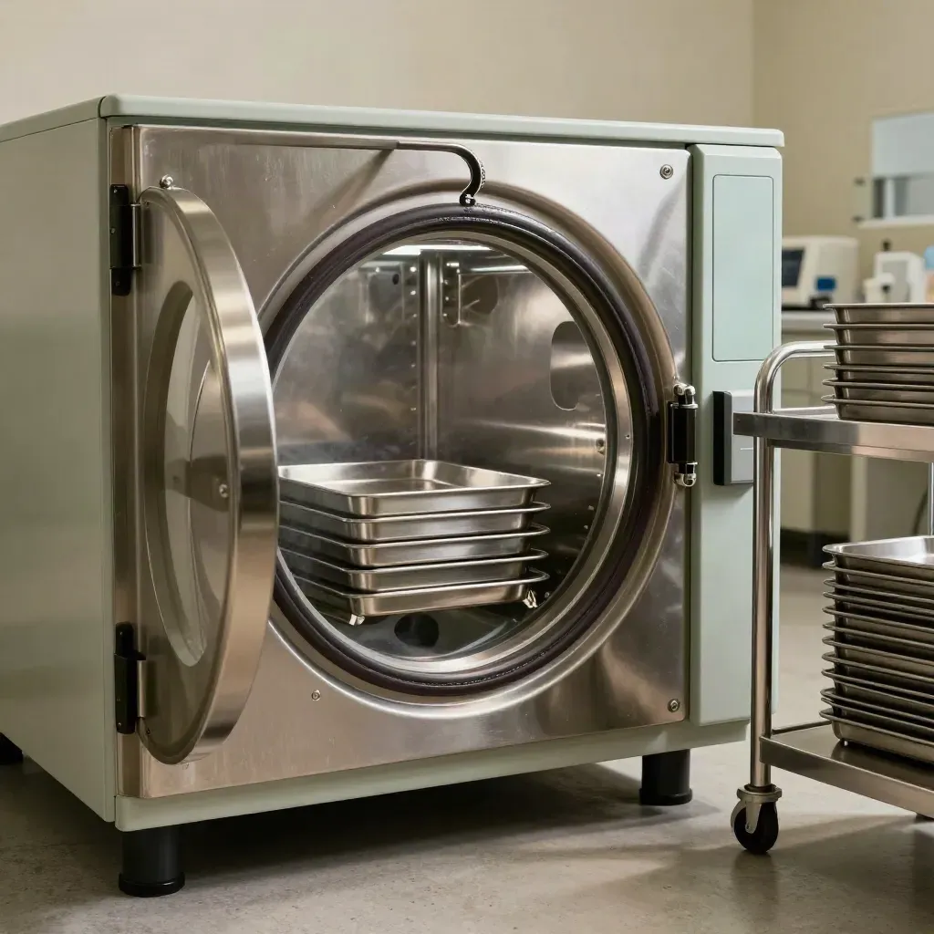Open lab autoclave with trays and trolley in a dramatic service room
