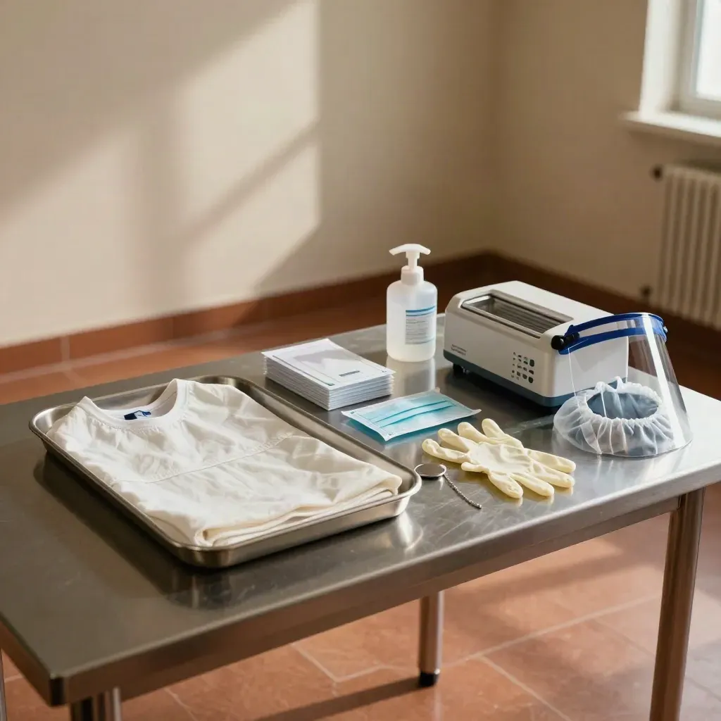 Moody clinical training room with PPE, wipe dispensers and sterilizer props on a steel table.