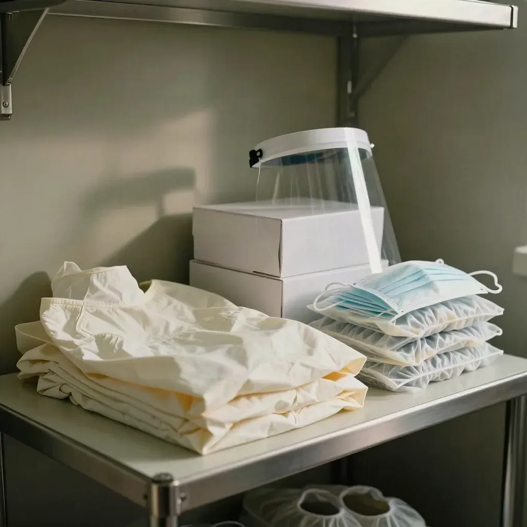 PPE station with glove boxes, gowns, masks, face shield and shoe covers on a prep shelf.
