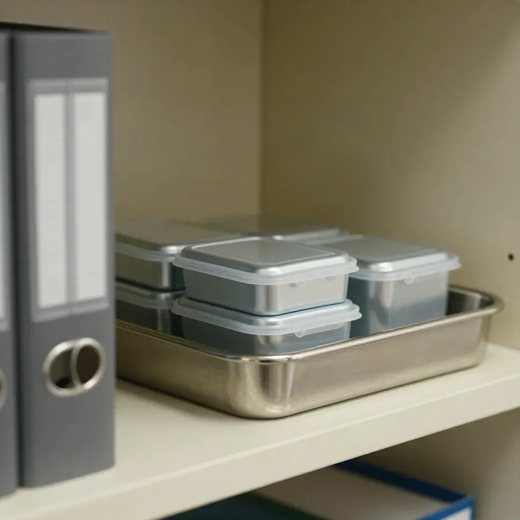 Close macro of a GP surgery audit binder, tray and sealed cassettes on a steel shelf.