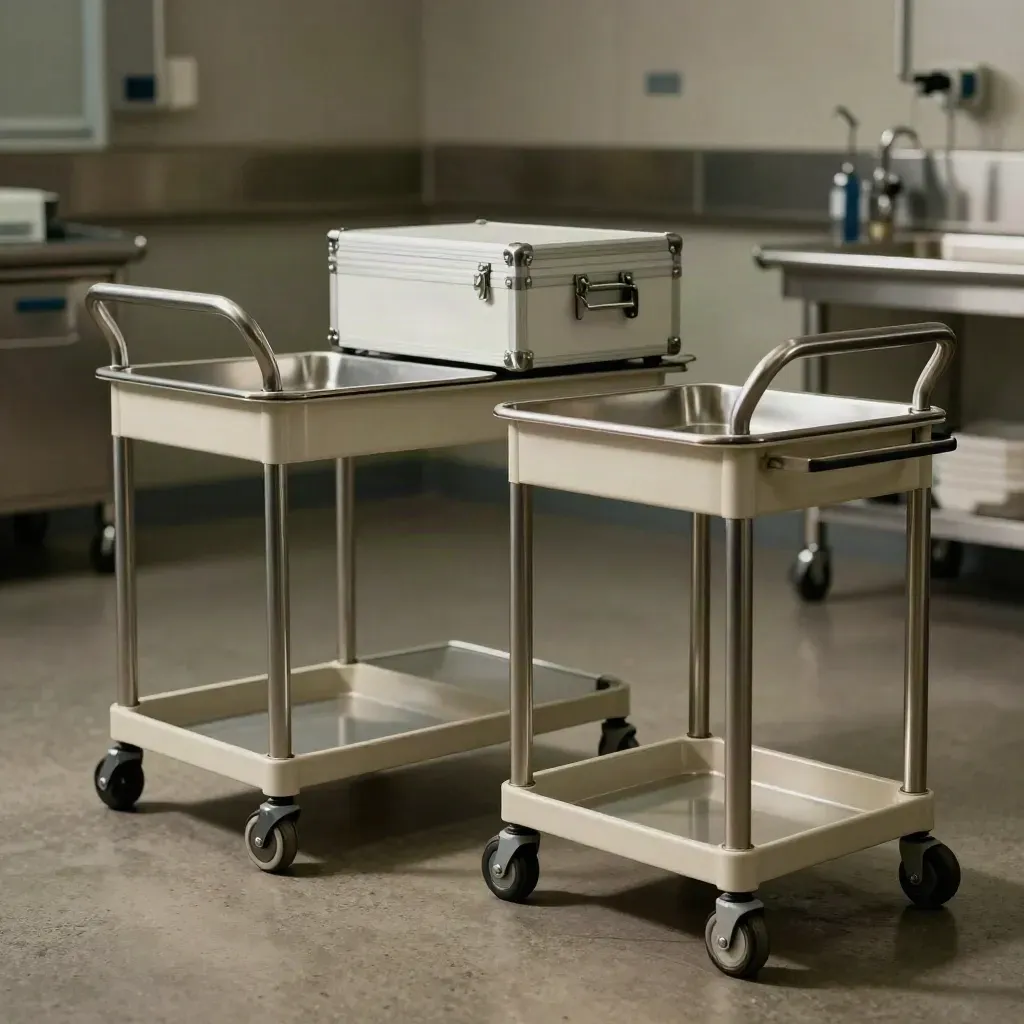 Sterilization caddies, trays, and a service case arranged in a clinic prep bay.