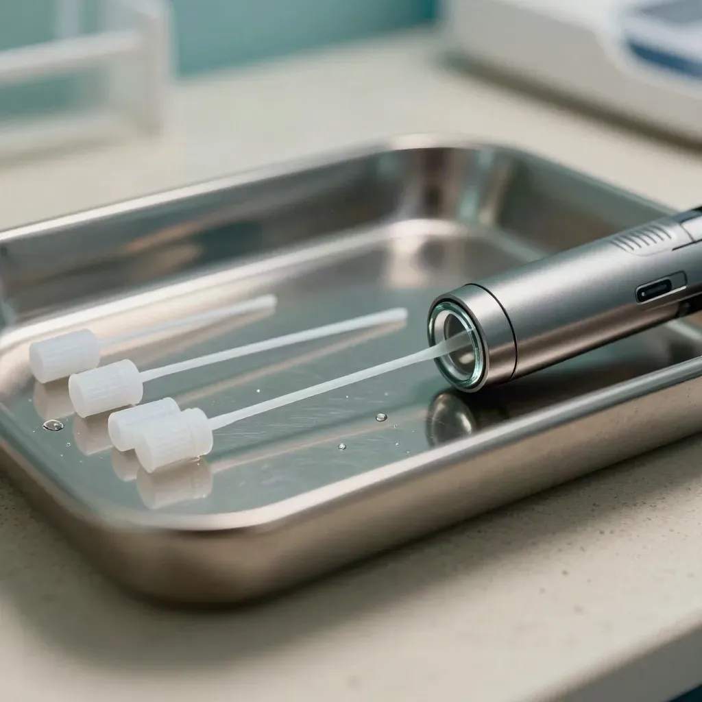 ATP swabs, sample tubes and inspection torch on a stainless tray in macro detail.