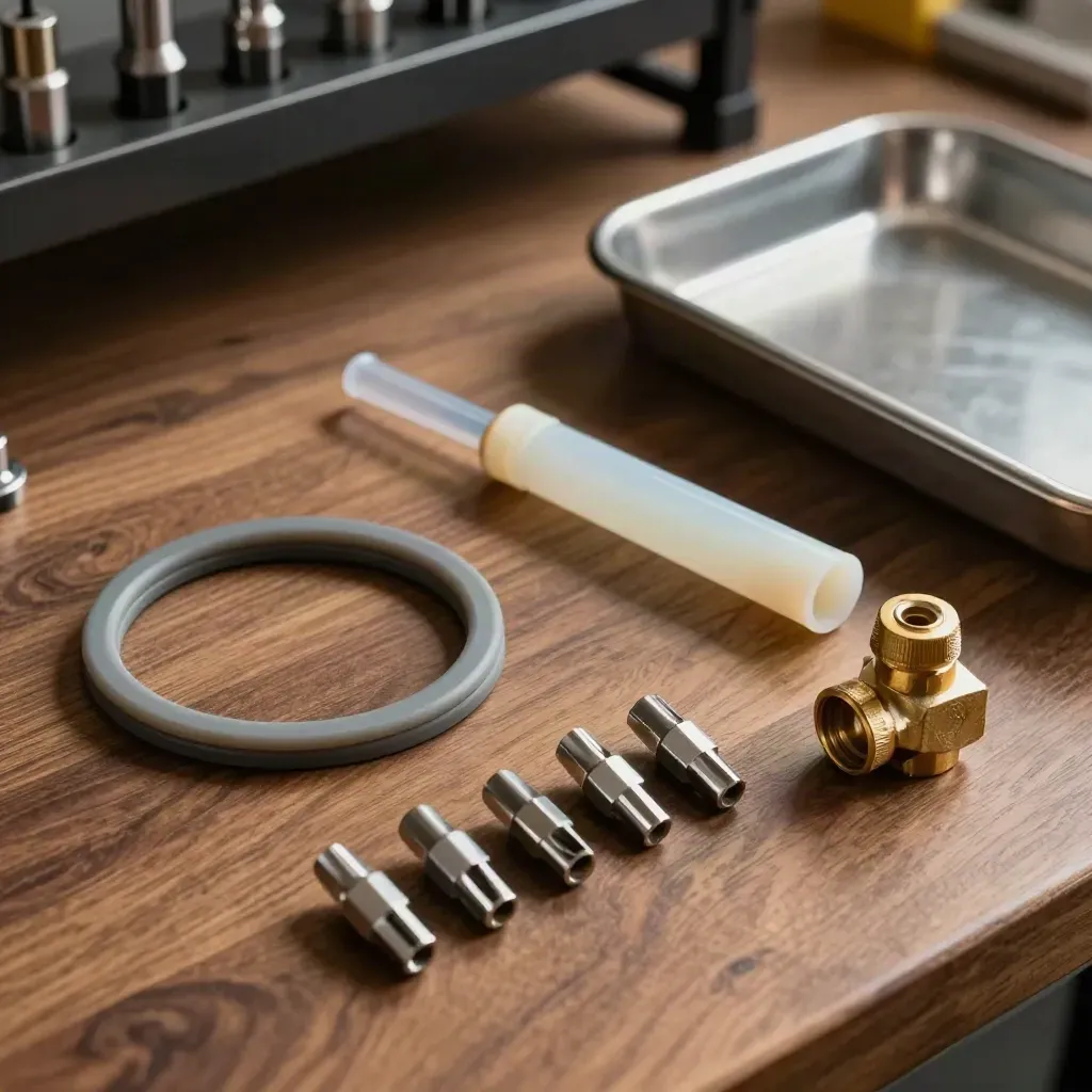 Autoclave gasket ring, driver bits, silicone tubing, and brass valve cap on a walnut bench.