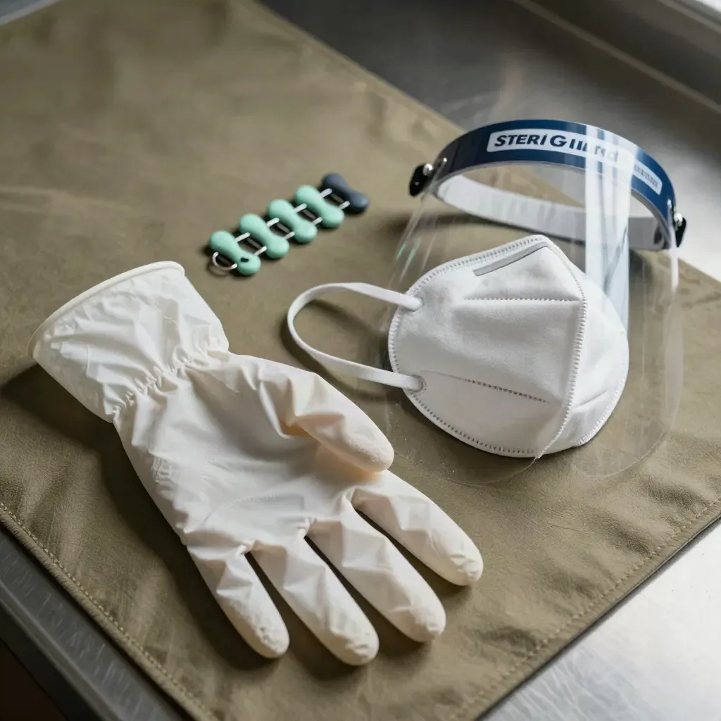 PPE training kit fanned on a clinic surface with gloves, mask, shield, cuff and mint clip rings.
