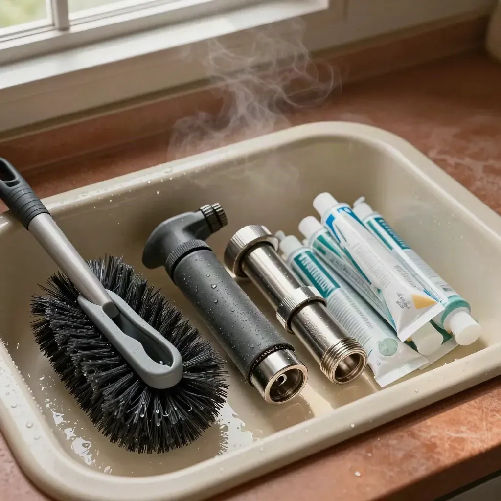 Top-down decontamination tools rinsed in a basin, with a drain brush, sink trap, and swab tubes.