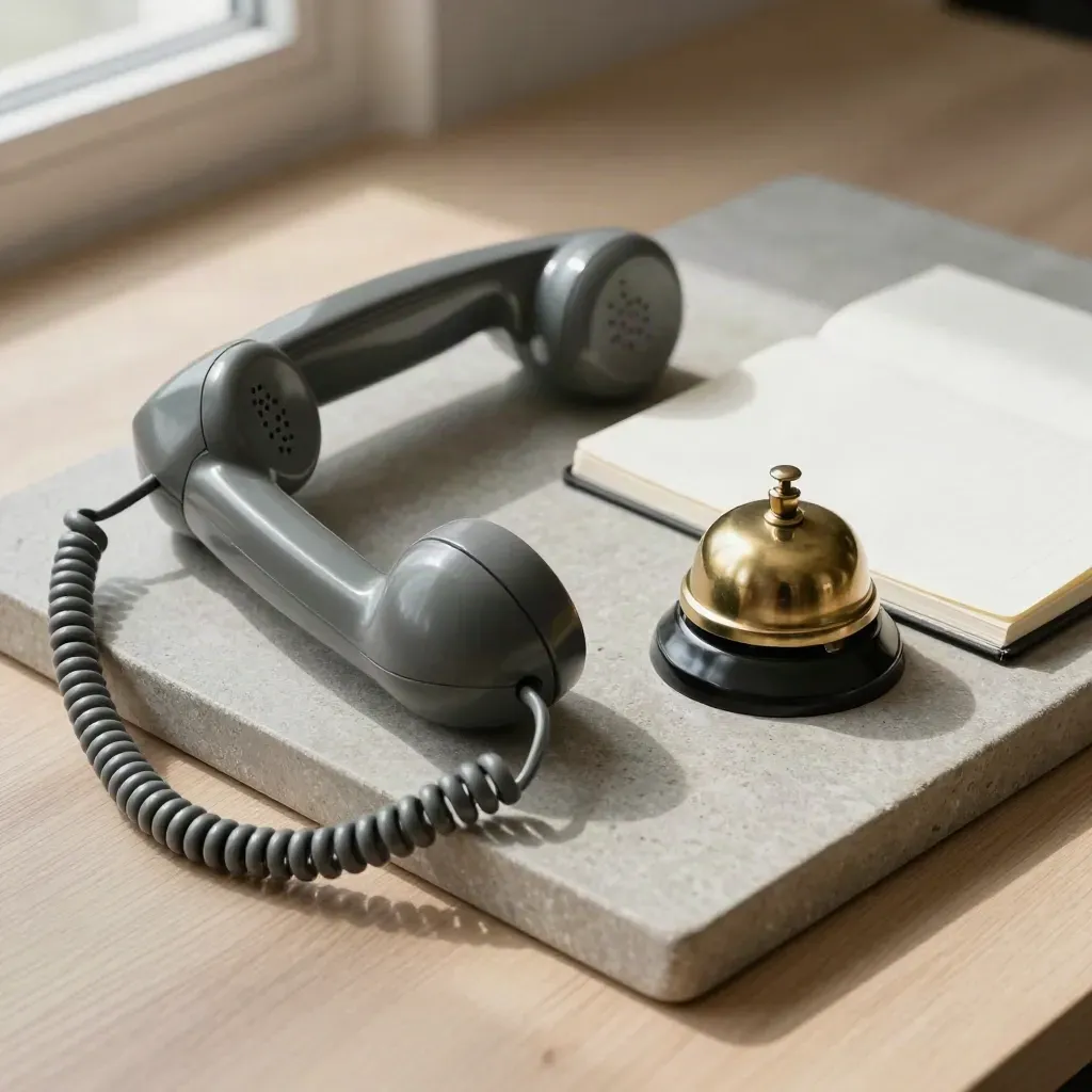 Desk phone receiver, brass bell and notebook on stone tray in soft side light.
