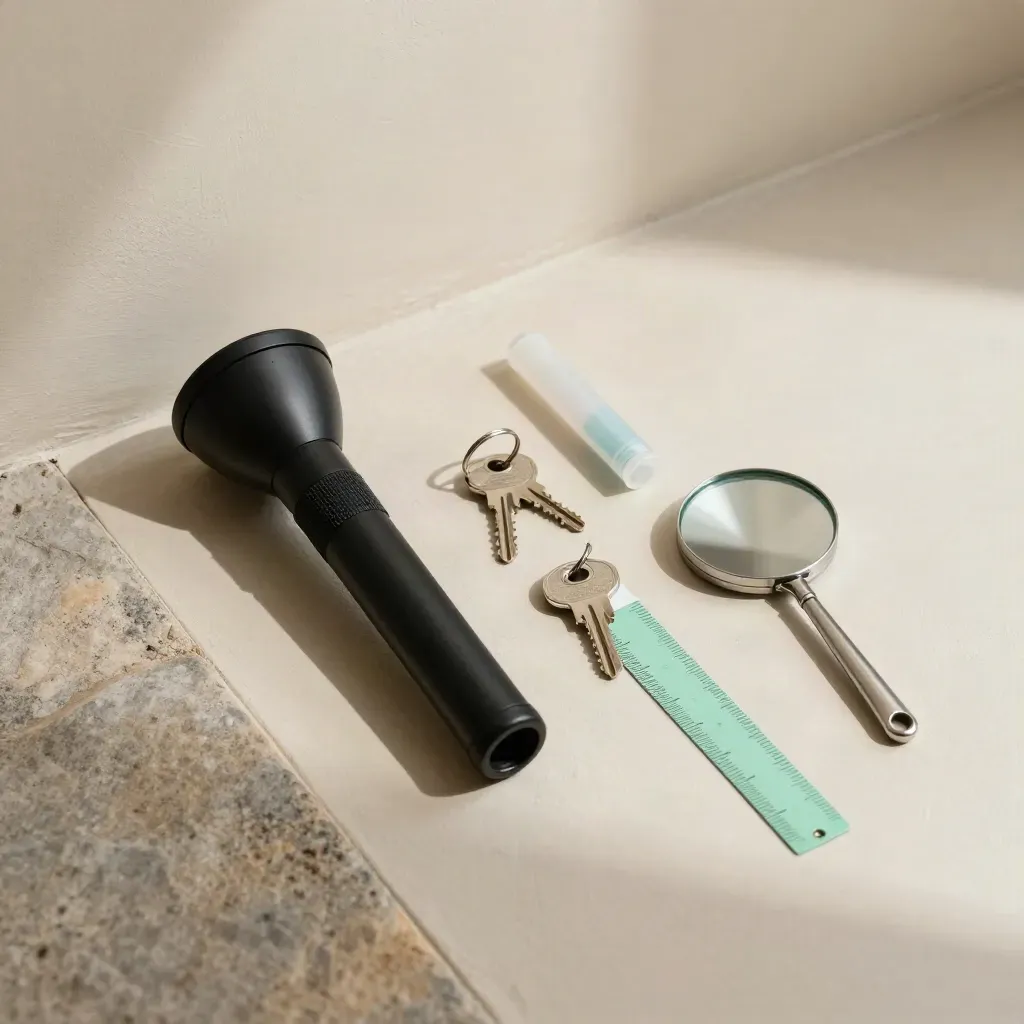 Site-visit kit with torch, keys, swab tube, mirror and mint floor marker on a pale threshold.