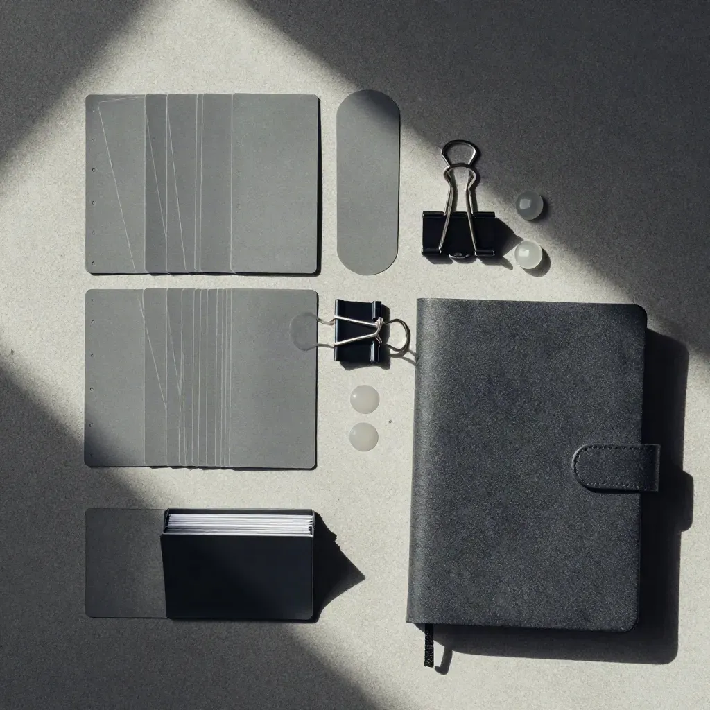 Overhead flatlay of sorted dividers, binder clips, adhesive dots and a closed notebook on pale concrete.