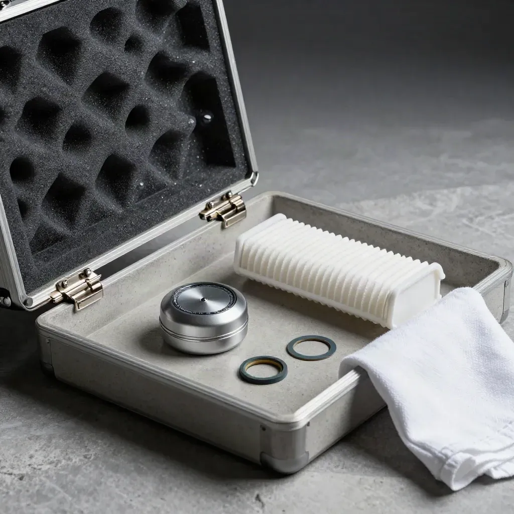 Open Steri Guard service case with timer, filter and gasket on a concrete tray.