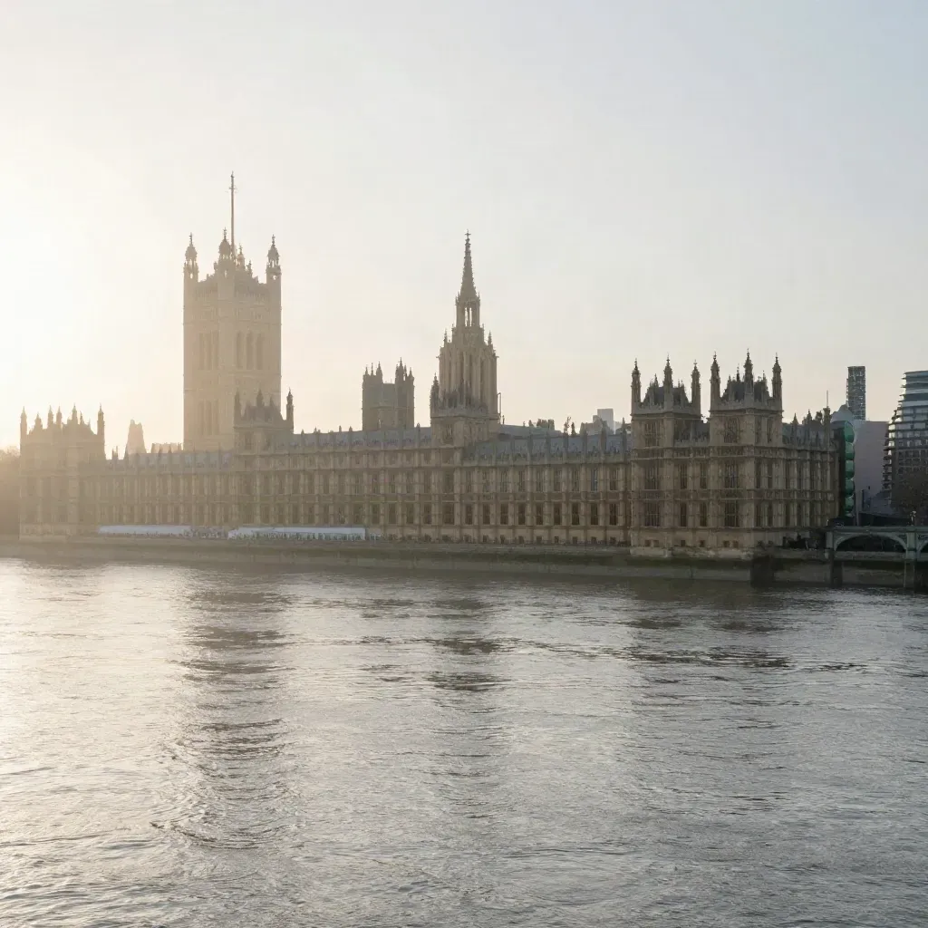 Westminster and the Thames at sunrise, hazy skyline high above calm water