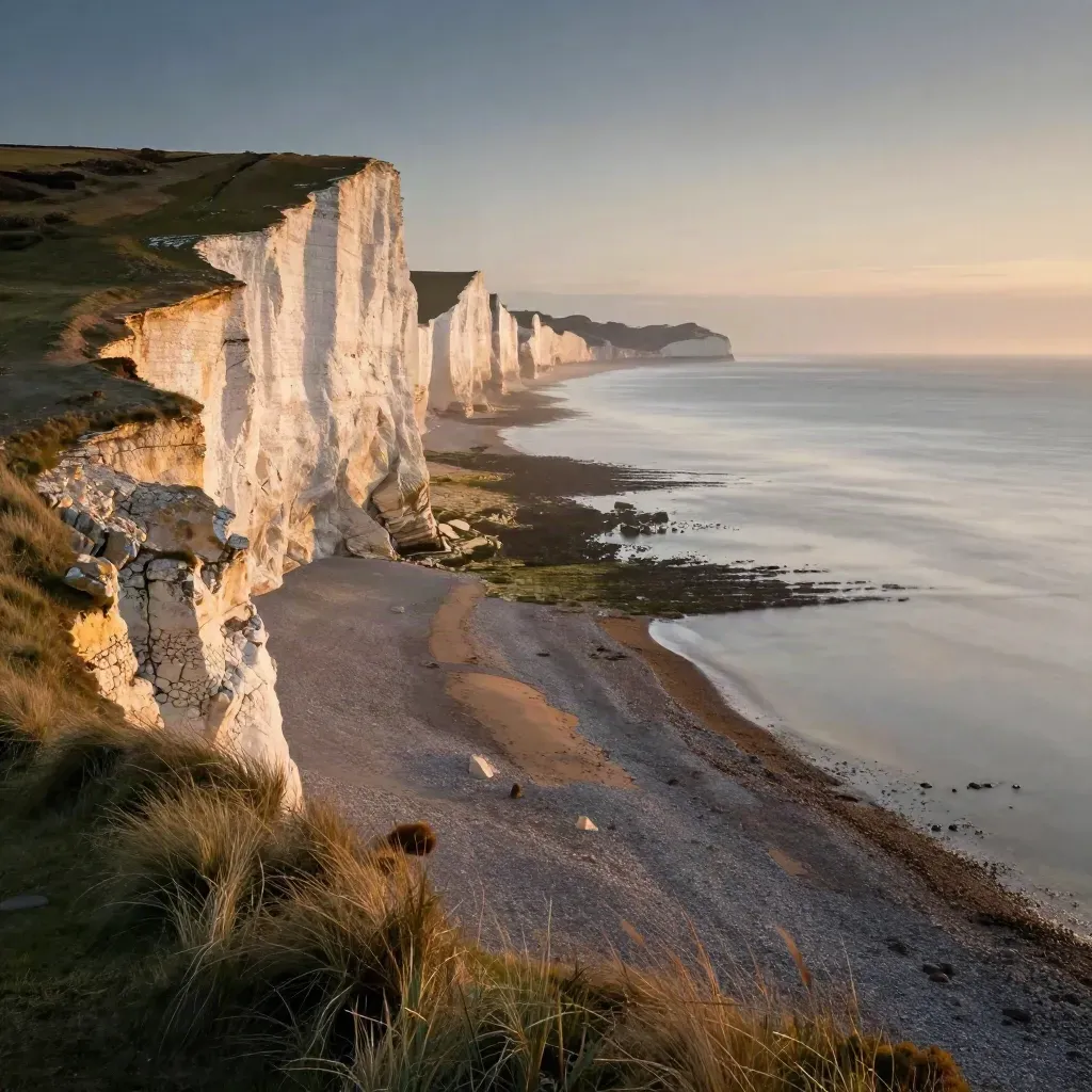 Golden chalk cliffs over a misty South East England coast at sunset