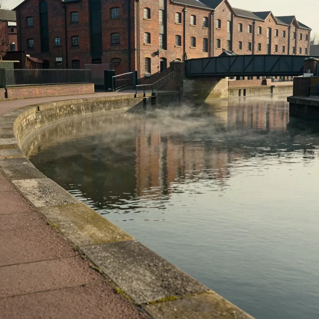West Midlands canal view with red-brick warehouses, bridge lines and calm water in warm haze.