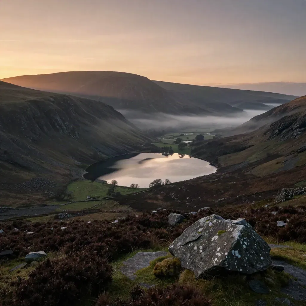 Lake District tarn beneath slate fells in mist at sunset